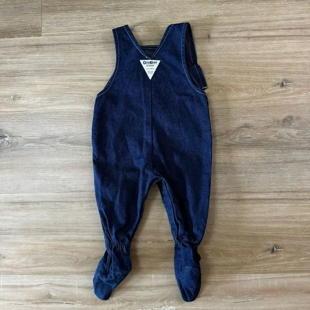 Vintage OshKosh B'Gosh Baby 6/9 Months Footie Denim Overalls Dark Blue Jean